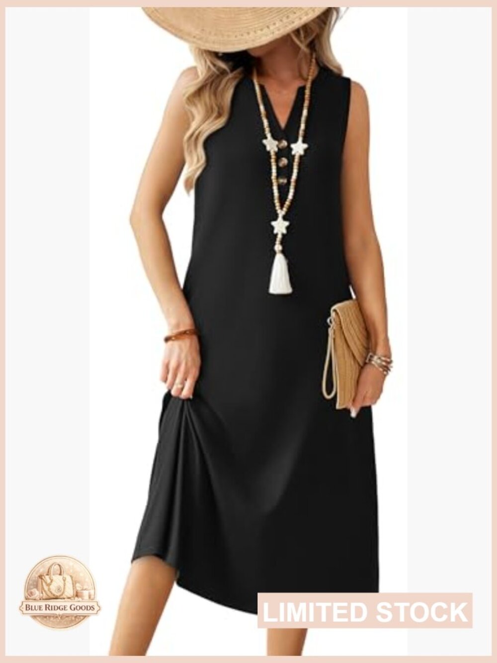 Casual Midi Dress Sleeveless Button Front Beach Vacation Sundresses with Pockets - Picture 2 of 7